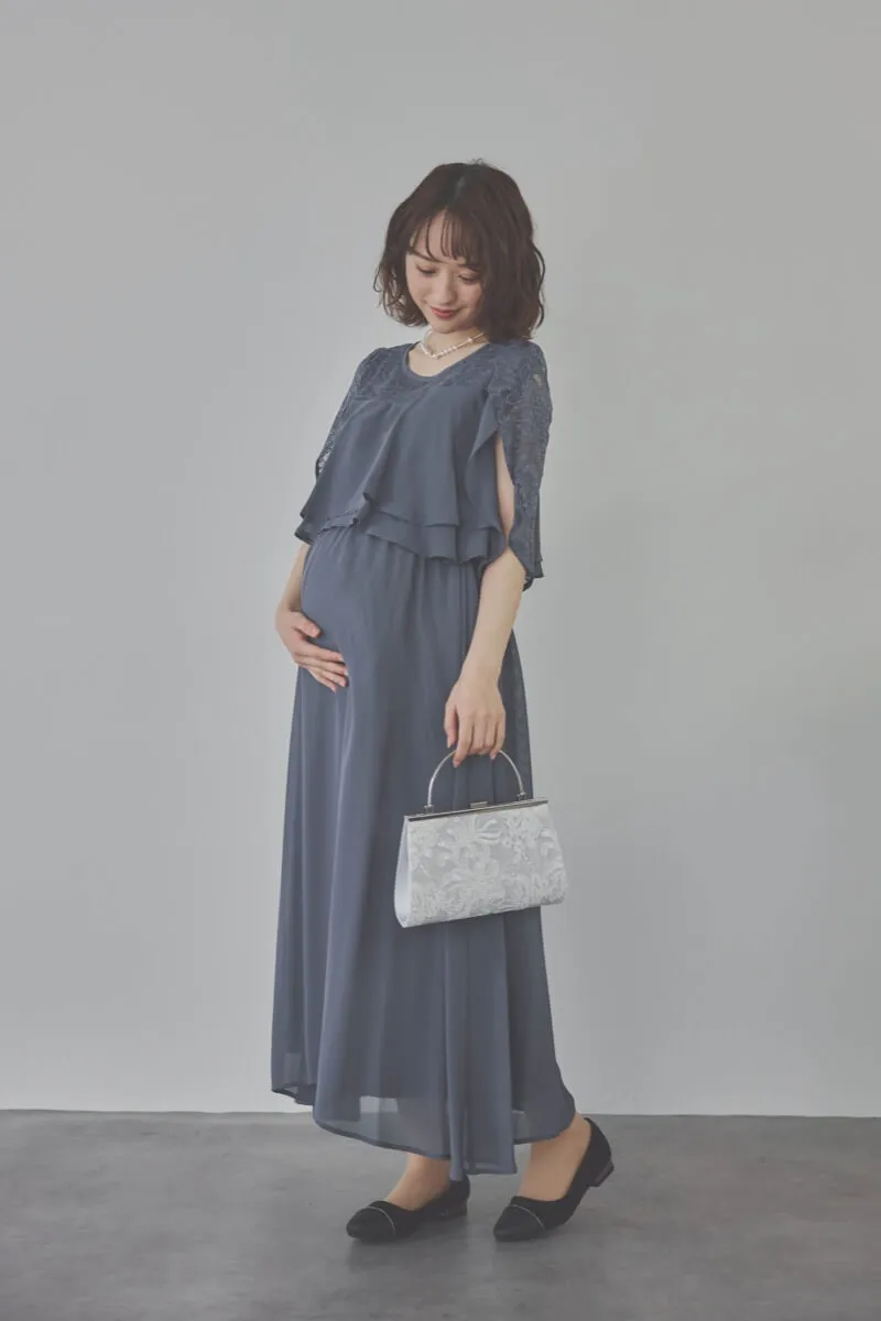 グレイッシュブルーの授乳口付スリットスリーブドレス