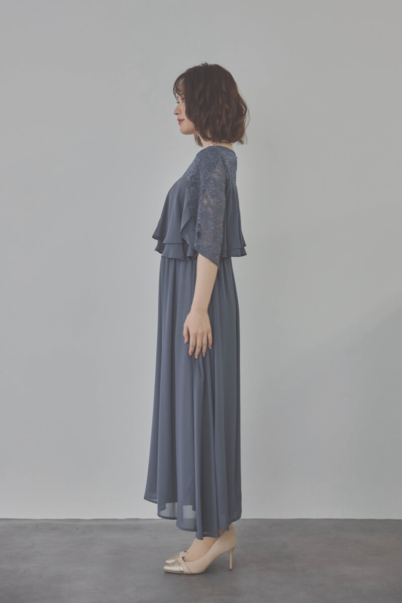 グレイッシュブルーの授乳口付スリットスリーブドレス
