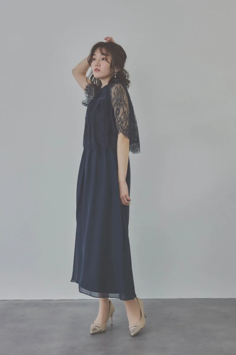 ネイビーの授乳口付ハイネックレースドレス