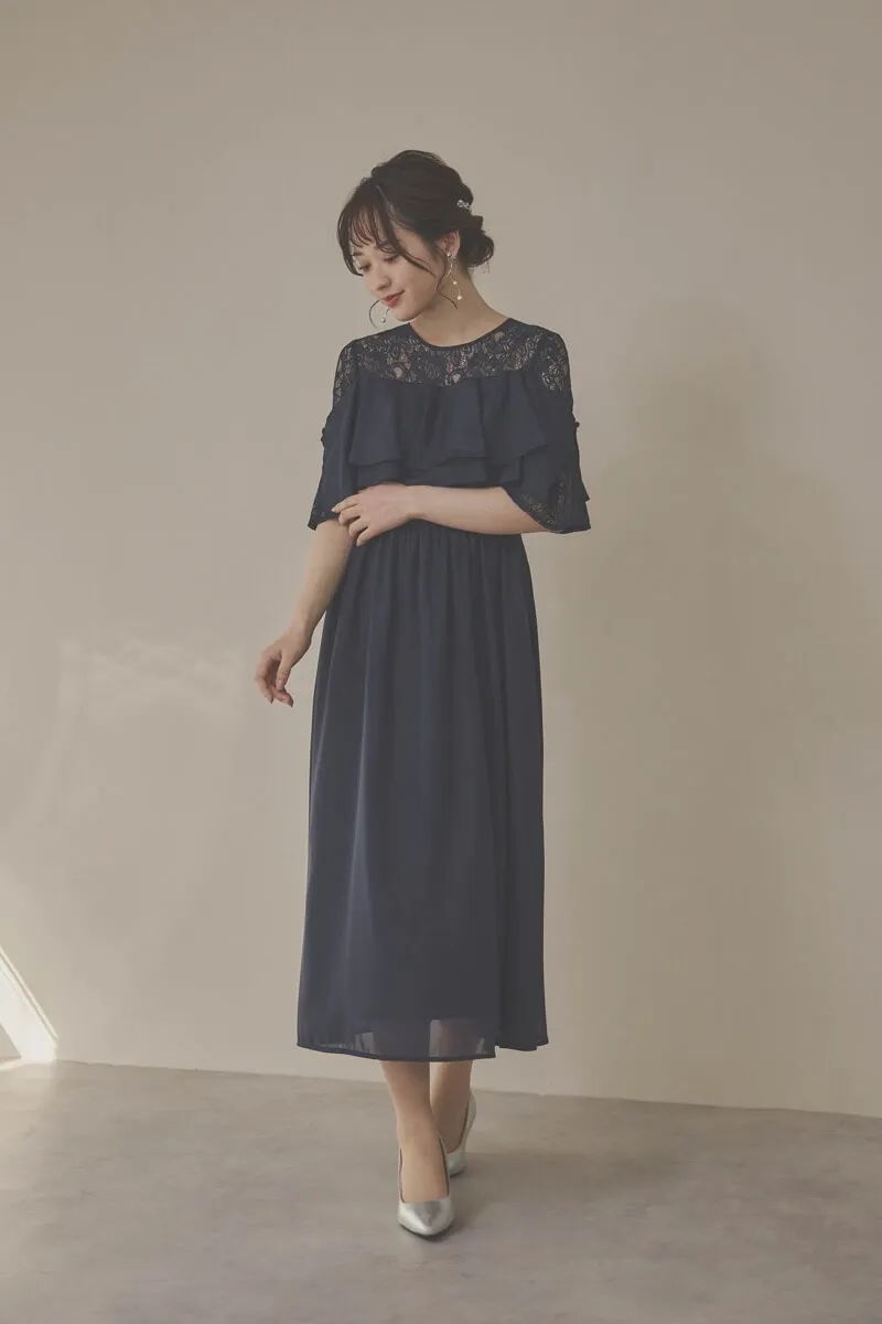 ネイビーの2WAYスリーブティアードドレス