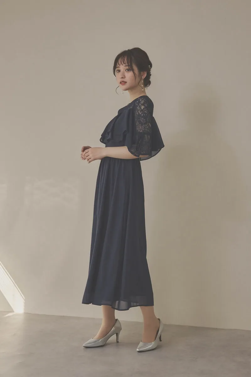 ネイビーの2WAYスリーブティアードドレス