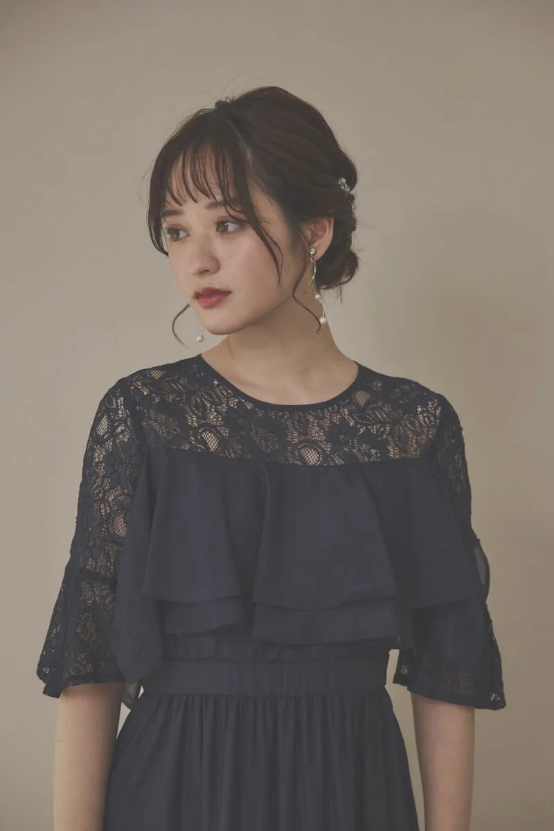 ネイビーの2WAYスリーブティアードドレス