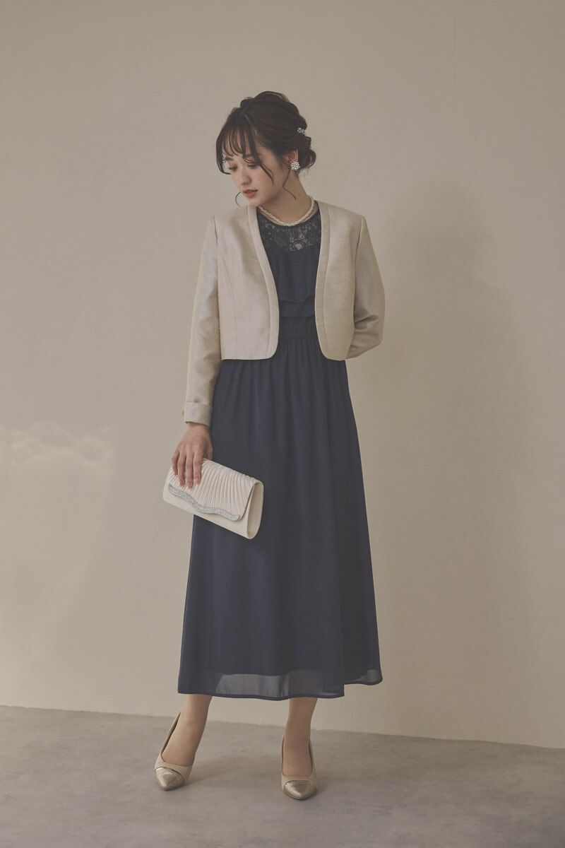 ネイビーの2WAYスリーブティアードドレス