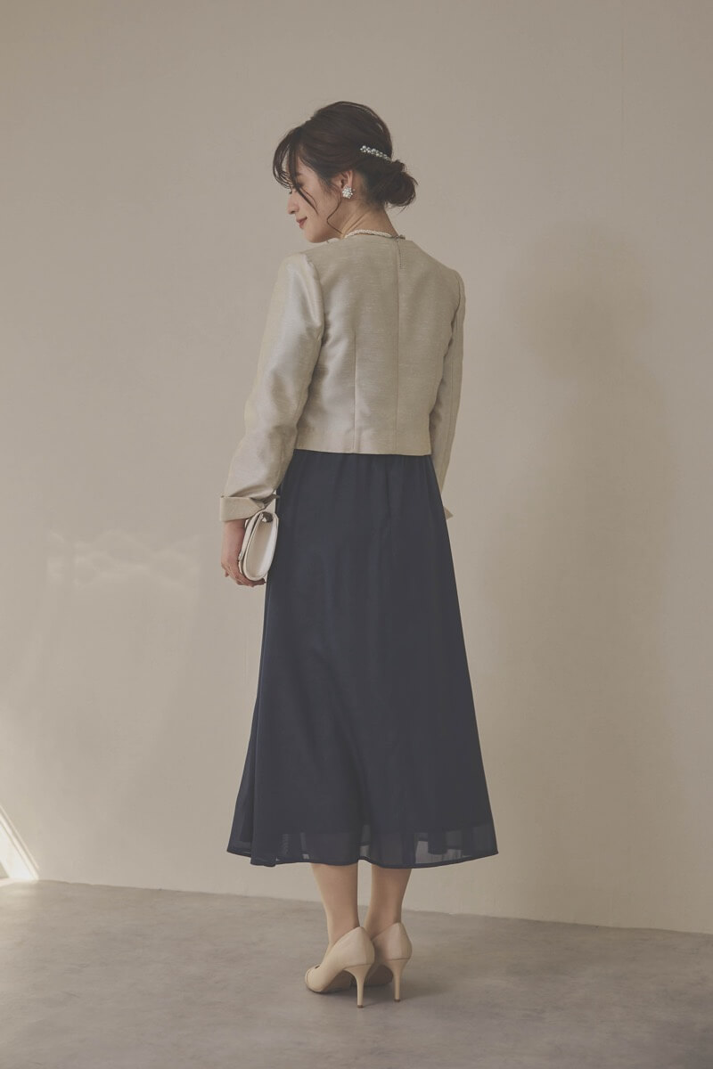 ネイビーの2WAYスリーブティアードドレス