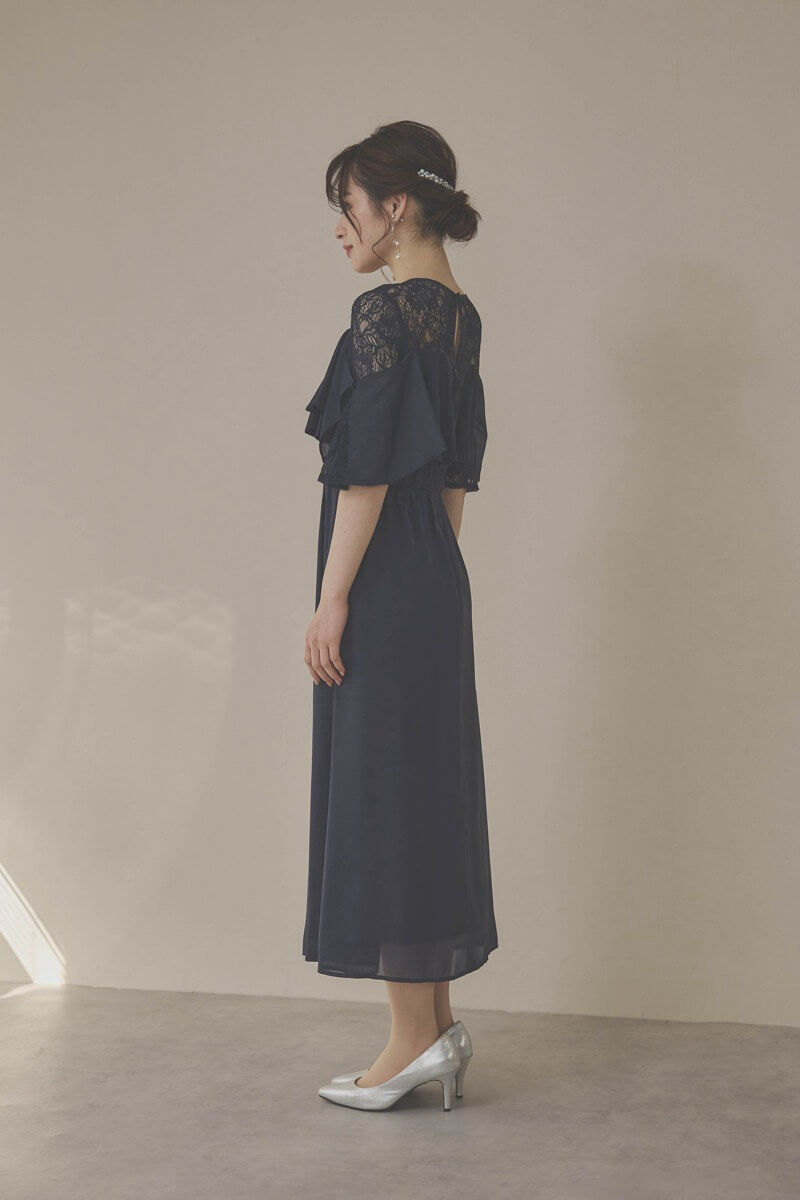 ネイビーの2WAYスリーブティアードドレス