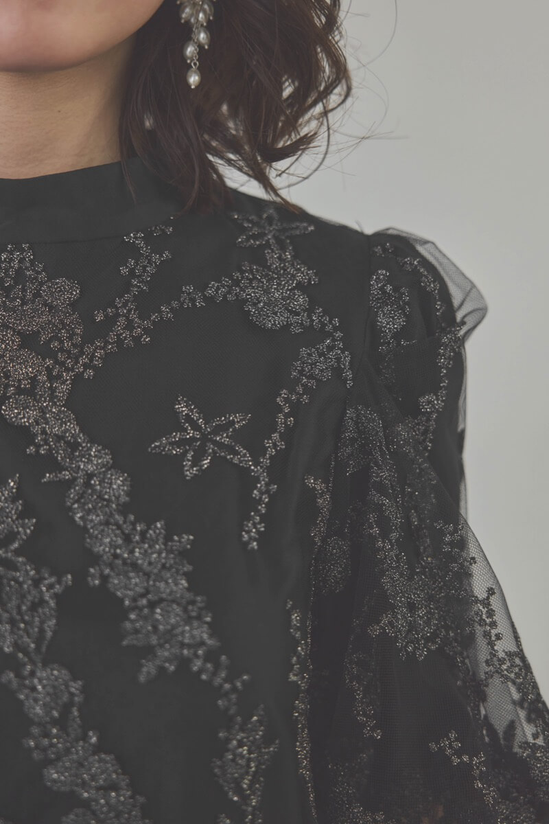 ブラックのフラワーエンブロイダリーAラインドレス