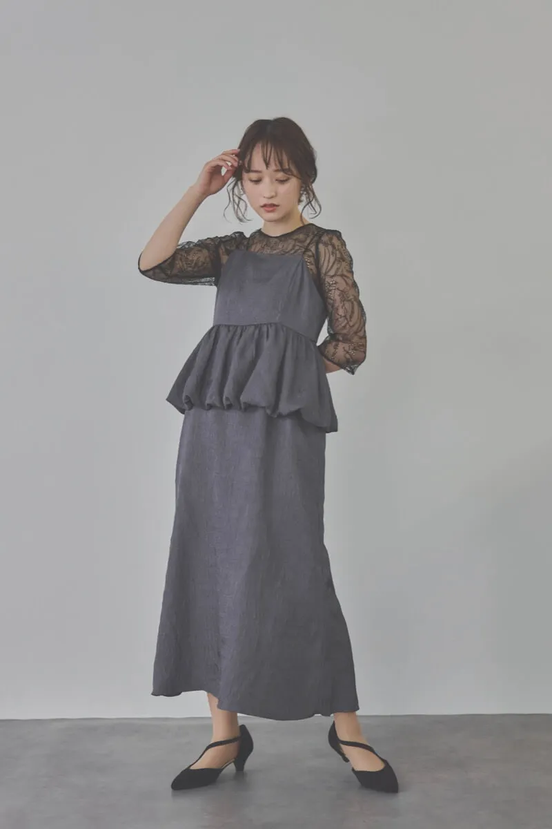 ネイビーのバルーンぺプラムセットアップドレス