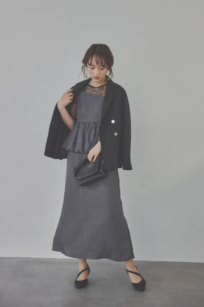 ネイビーのバルーンぺプラムセットアップドレス