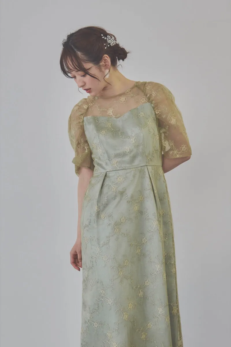ミントのボリュームスリーブラメチュールドレス