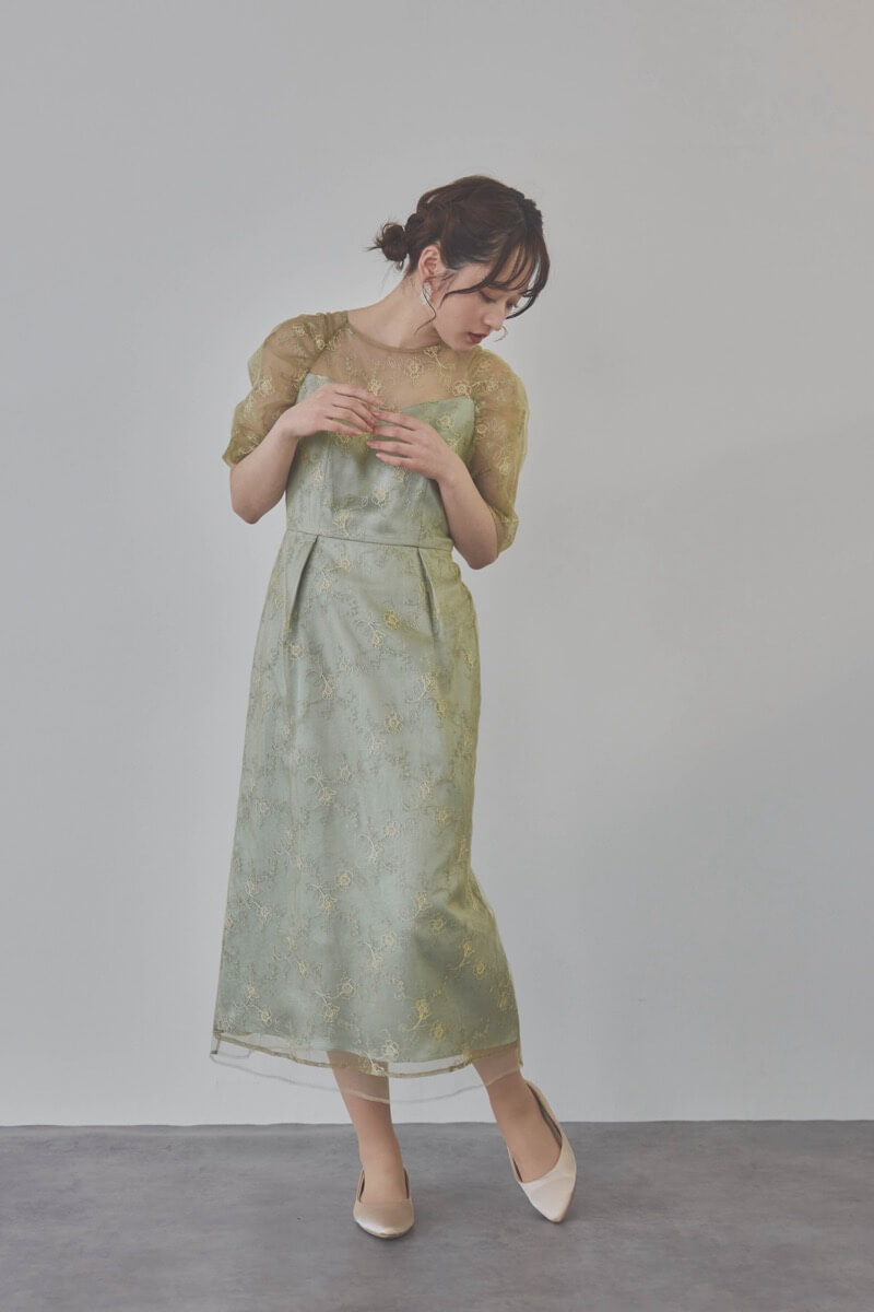ミントのボリュームスリーブラメチュールドレス