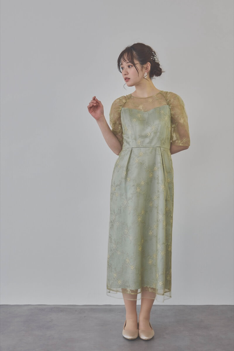 ミントのボリュームスリーブラメチュールドレス