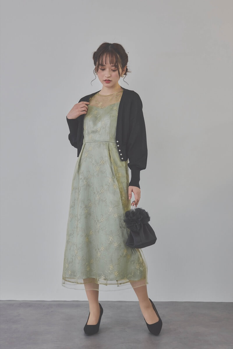 ミントのボリュームスリーブラメチュールドレス