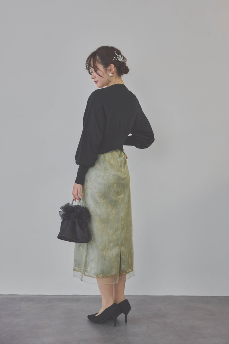 ミントのボリュームスリーブラメチュールドレス