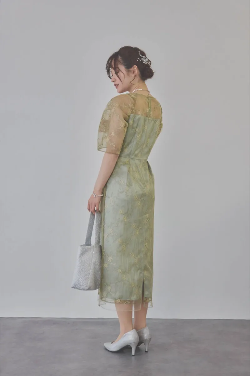 ミントのボリュームスリーブラメチュールドレス