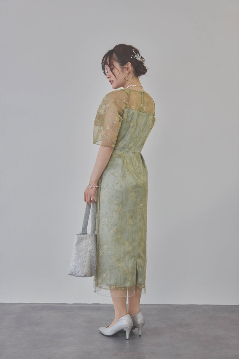ミントのボリュームスリーブラメチュールドレス