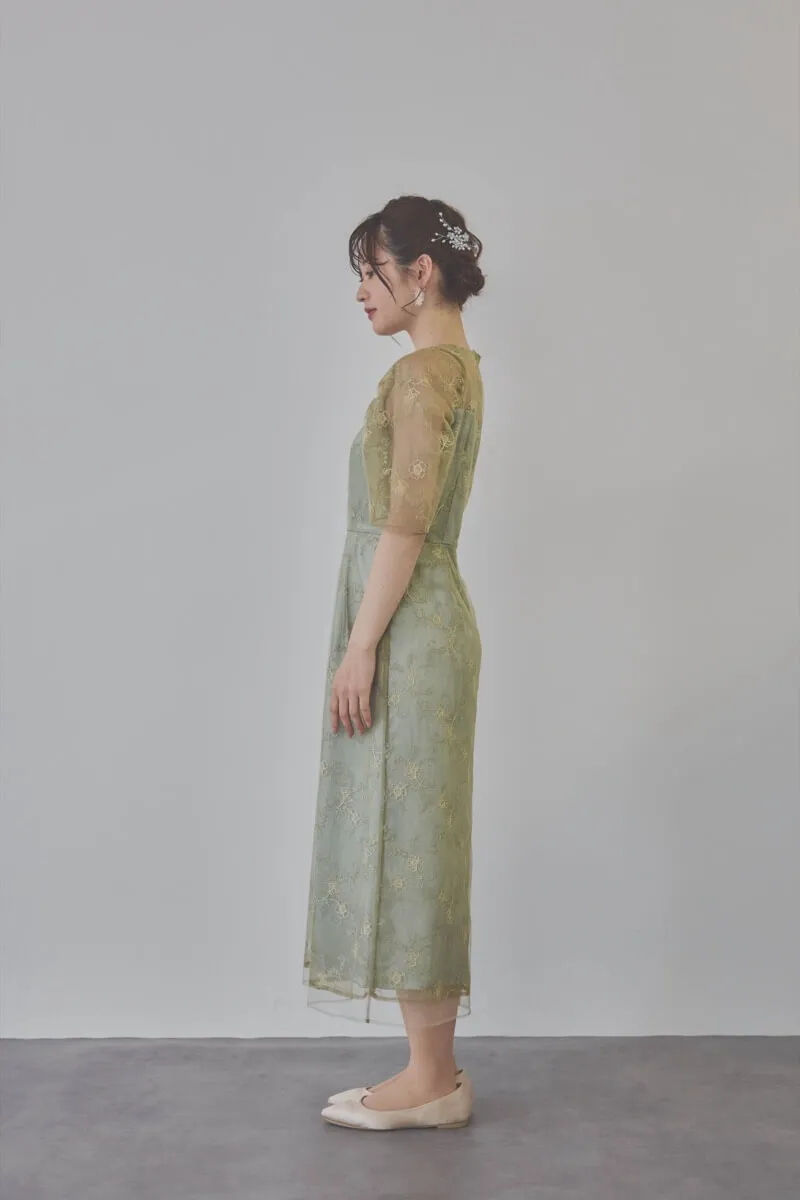 ミントのボリュームスリーブラメチュールドレス