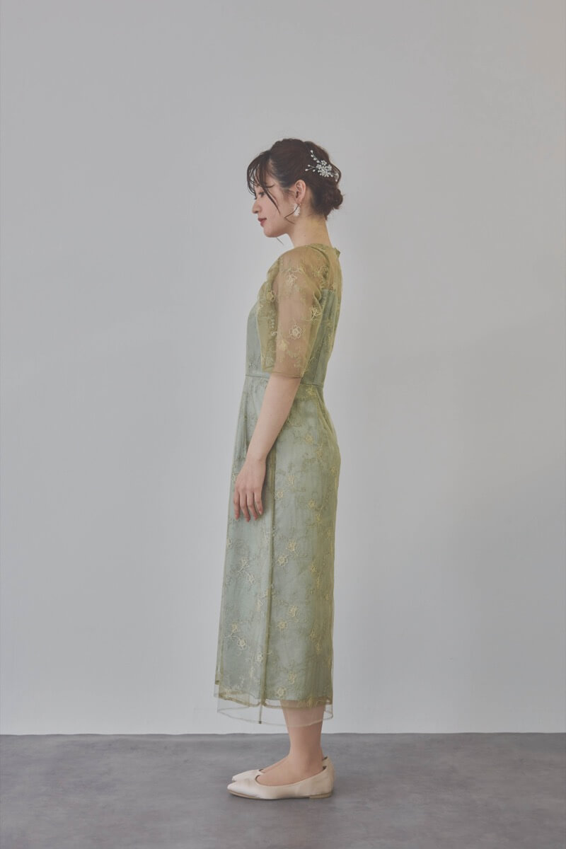 ミントのボリュームスリーブラメチュールドレス