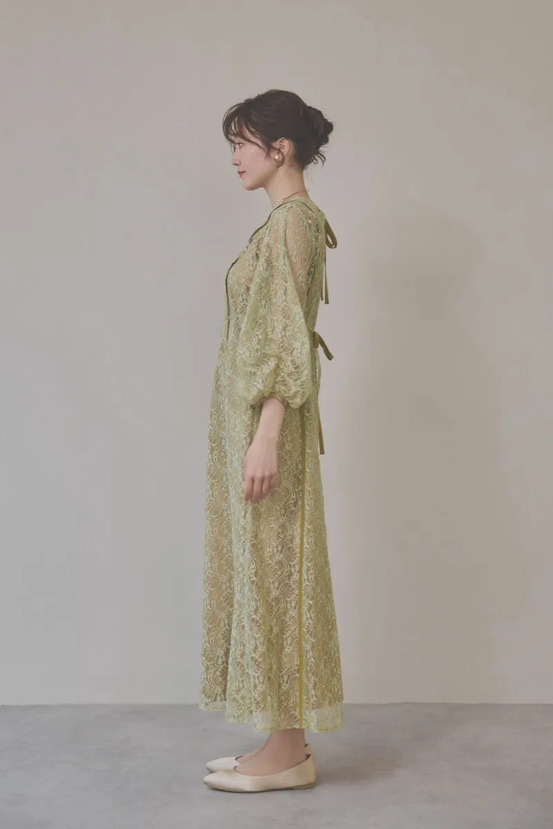 グリーンのパイピングレースエプロンドレス