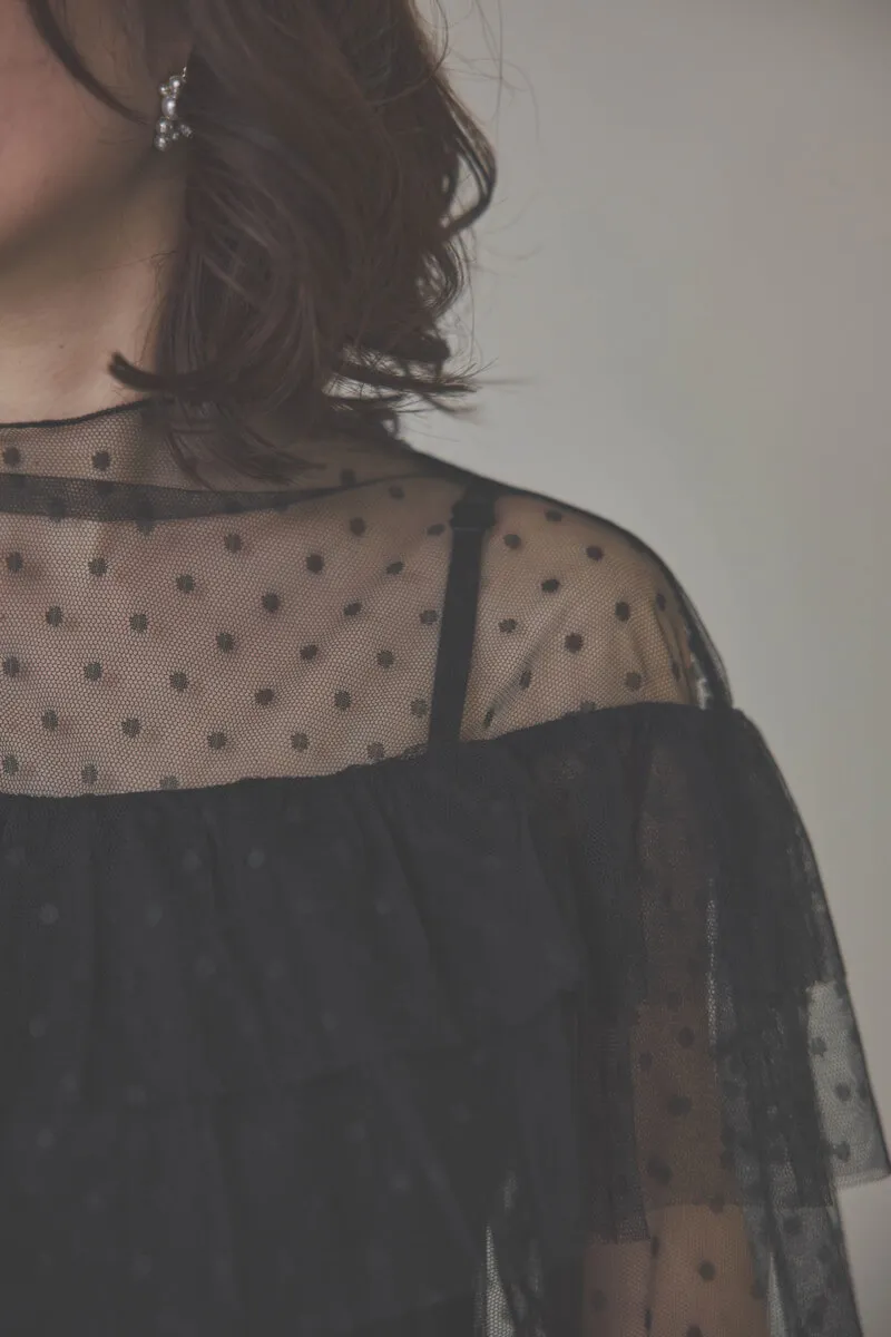ブラックのドットチュールトップスドレス