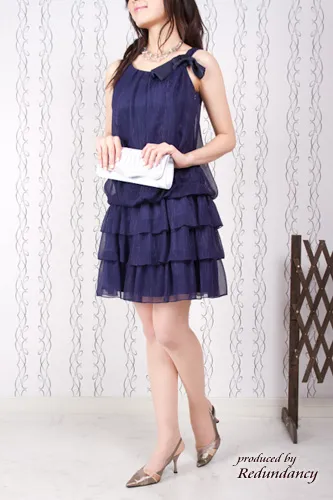 ネイビーのショルダーリボンミニ丈フリルドレスコーディネートセット