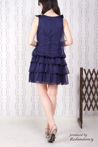 ネイビーのショルダーリボンミニ丈フリルドレスコーディネートセット