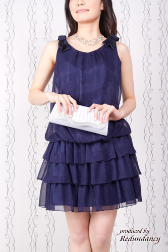 ネイビーのショルダーリボンミニ丈フリルドレスコーディネートセット