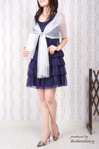 ネイビーのショルダーリボンミニ丈フリルドレスコーディネートセット