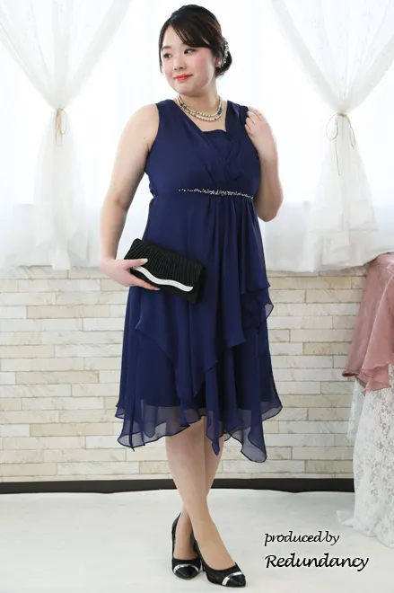 パープルのビジュー切替シフォンドレス