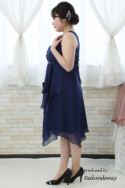 パープルのビジュー切替シフォンドレス