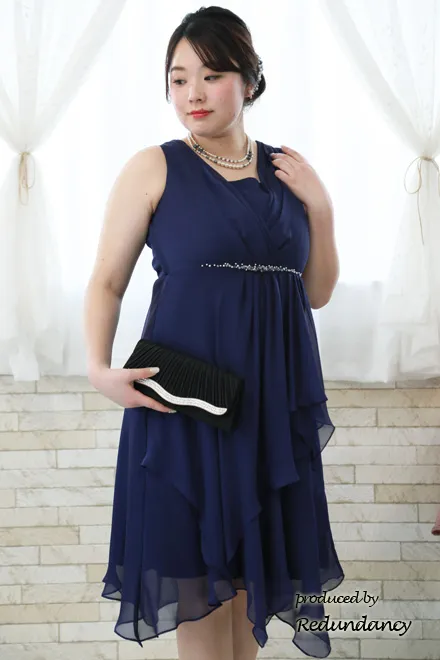 パープルのビジュー切替シフォンドレス