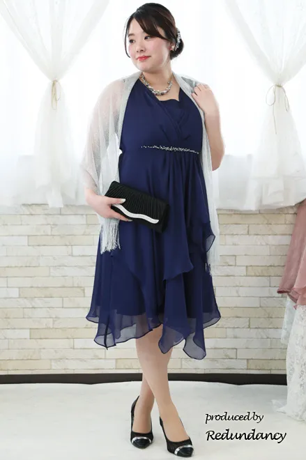 パープルのビジュー切替シフォンドレス