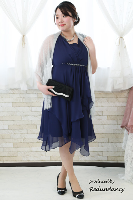 パープルのビジュー切替シフォンドレス