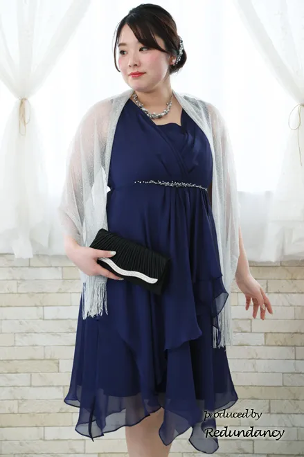 パープルのビジュー切替シフォンドレス