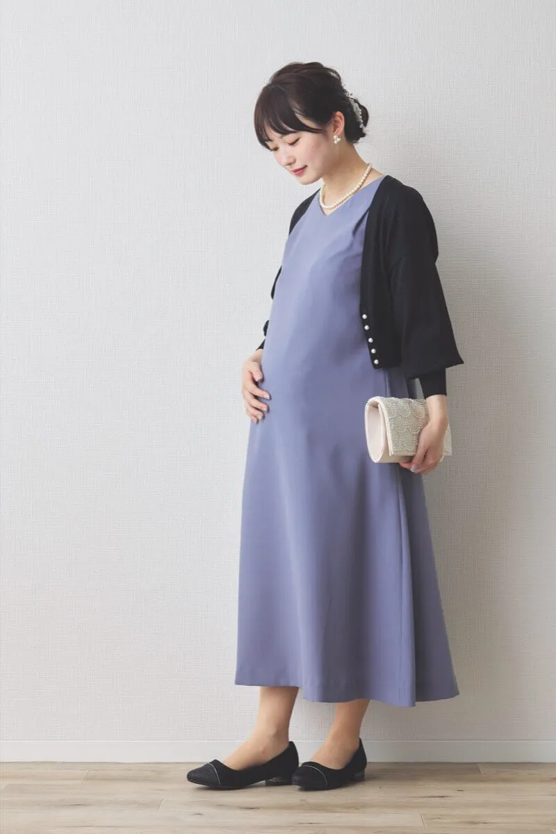 ブルーのレース袖Aラインドレス