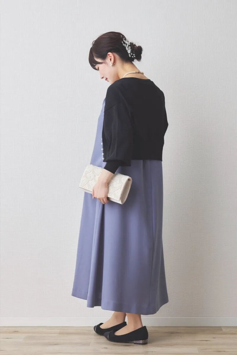 ブルーのレース袖Aラインドレス