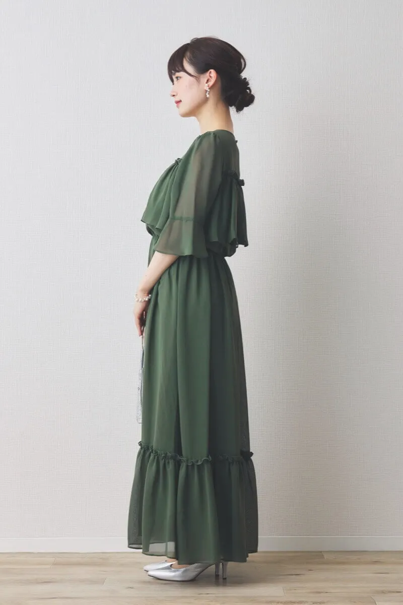 グリーンの授乳口付きフリルシフォンドレス