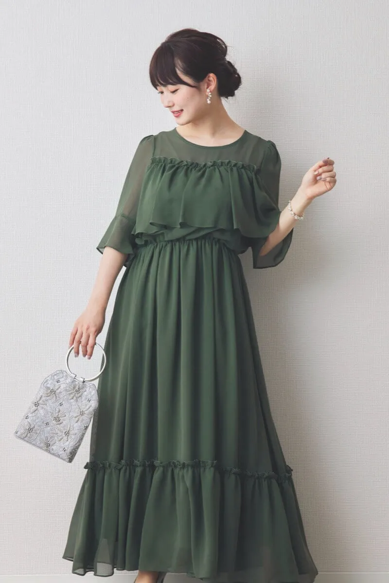 グリーンの授乳口付きフリルシフォンドレス