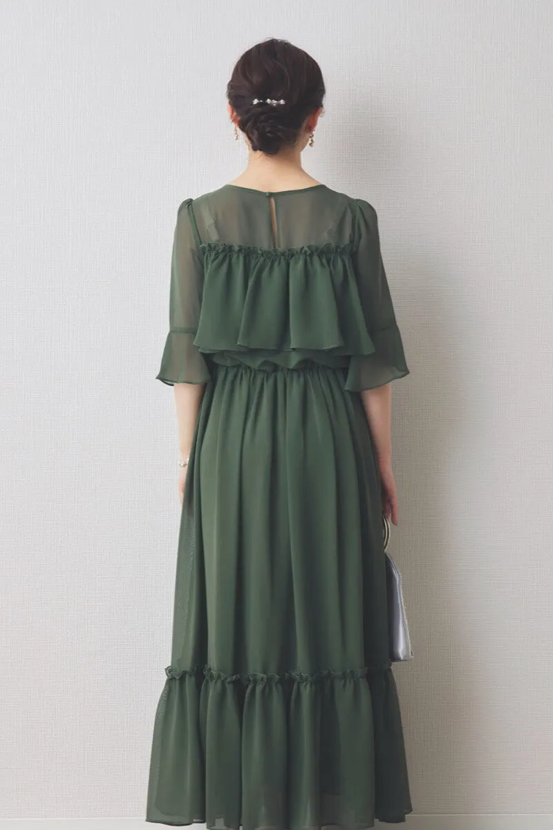 グリーンの授乳口付きフリルシフォンドレス