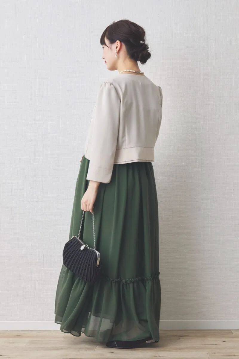 グリーンの授乳口付きフリルシフォンドレス