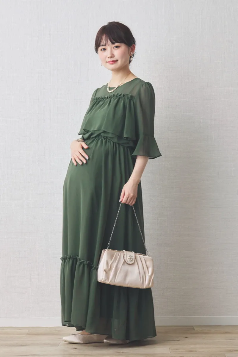 グリーンの授乳口付きフリルシフォンドレス