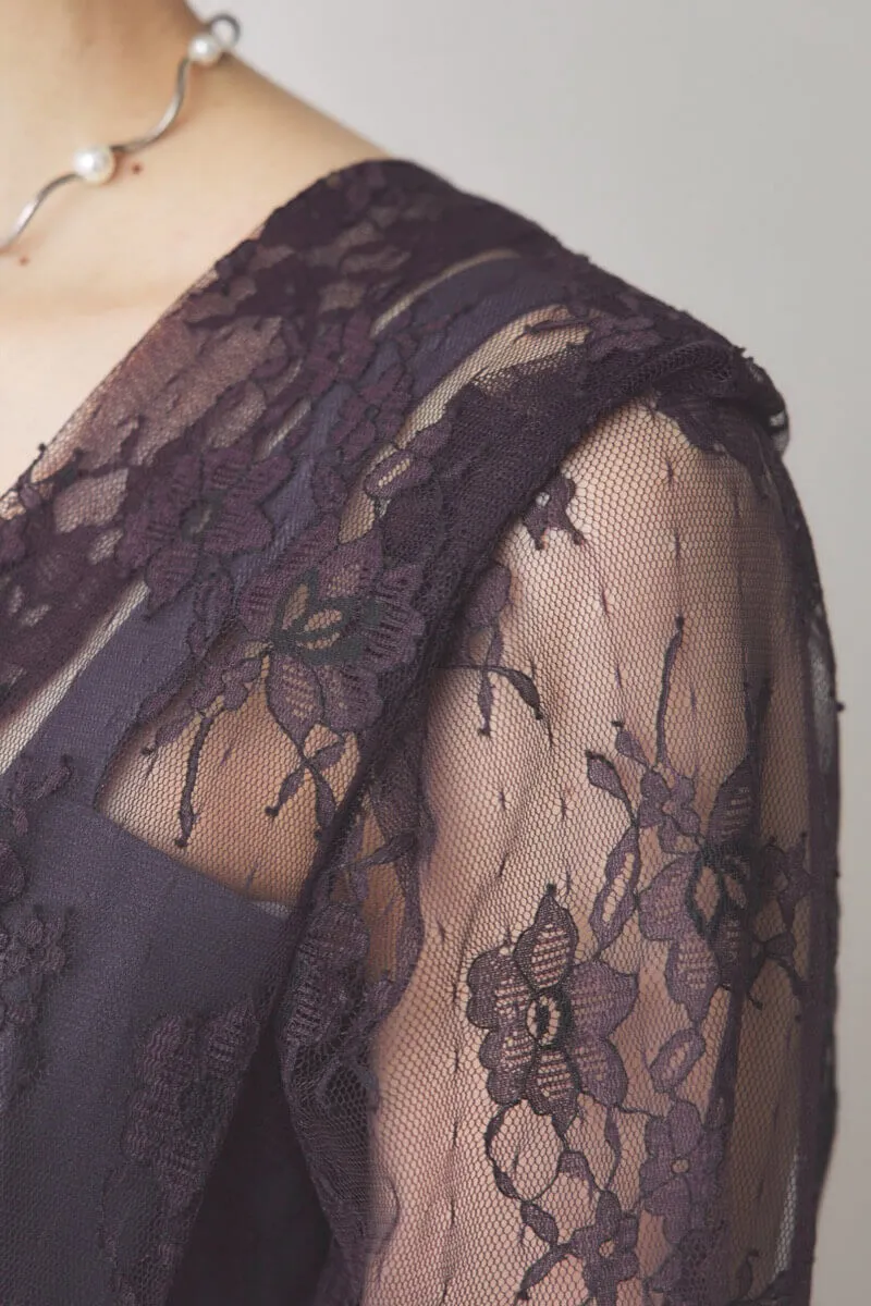 ダルブルーのレースコンビパンツドレス