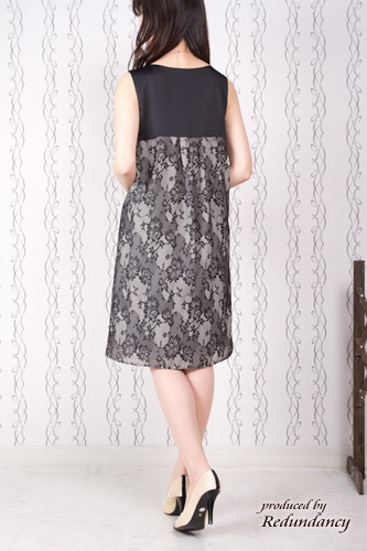 ブラック×ベージュの花柄レースのひざ丈ドレスコーディネートセット