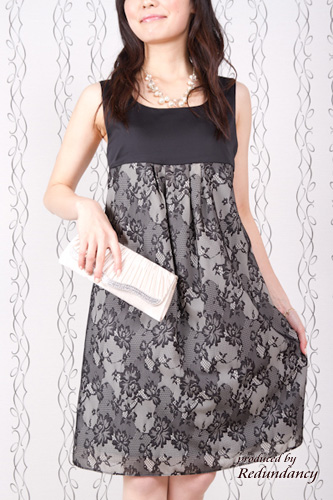 ブラック×ベージュの花柄レースのひざ丈ドレスコーディネートセット