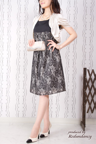 ブラック×ベージュの花柄レースのひざ丈ドレスコーディネートセット