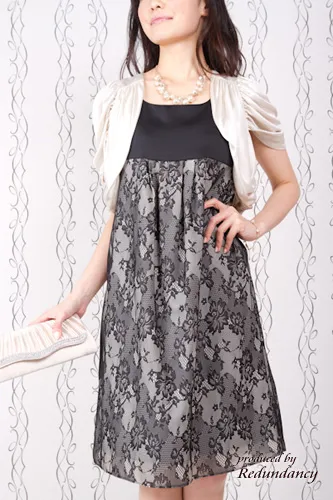 ブラック×ベージュの花柄レースのひざ丈ドレスコーディネートセット