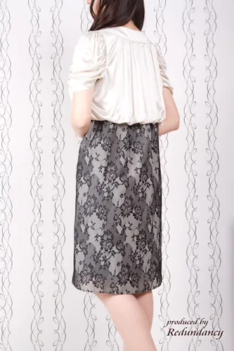 ブラック×ベージュの花柄レースのひざ丈ドレスコーディネートセット