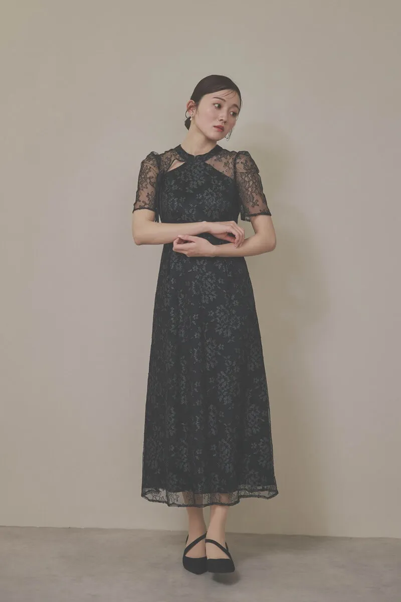 ブラックのマオカラーレースドレス