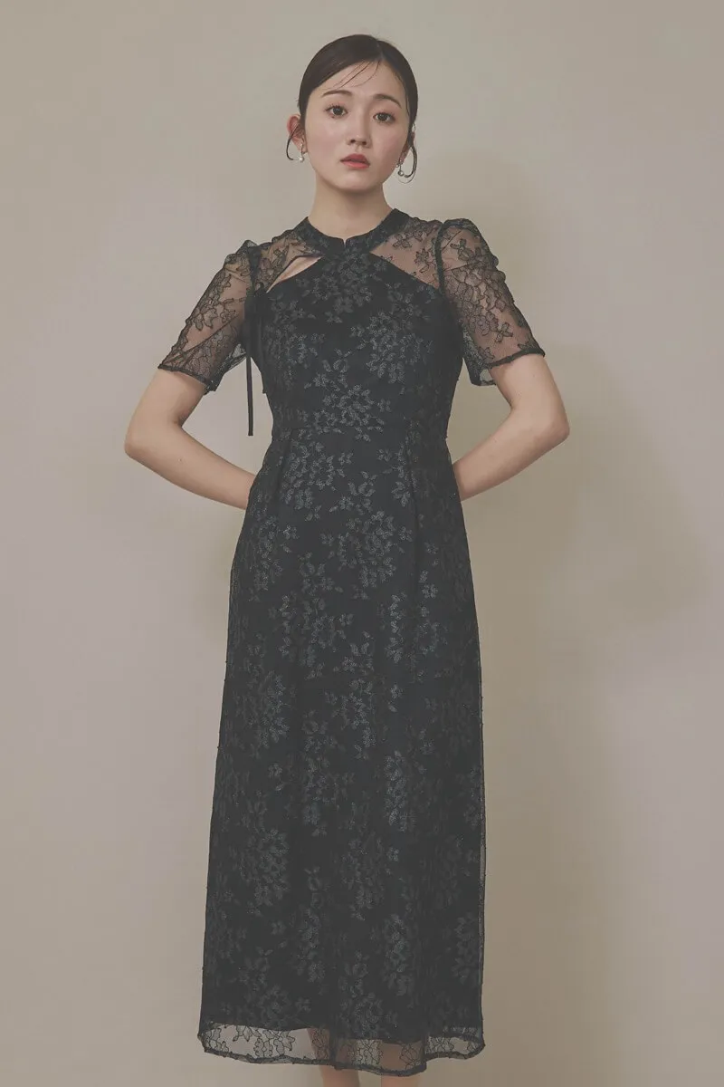 ブラックのマオカラーレースドレス