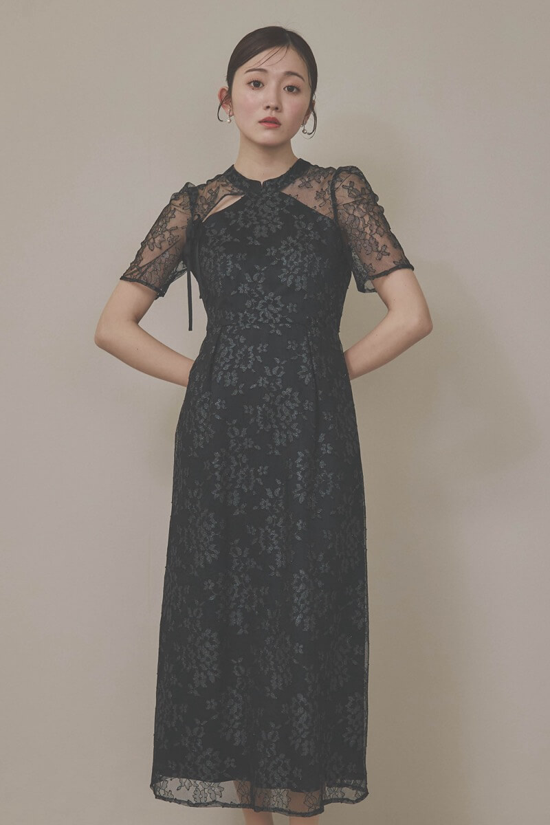 ブラックのマオカラーレースドレス