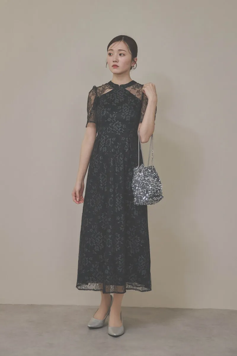 ブラックのマオカラーレースドレス